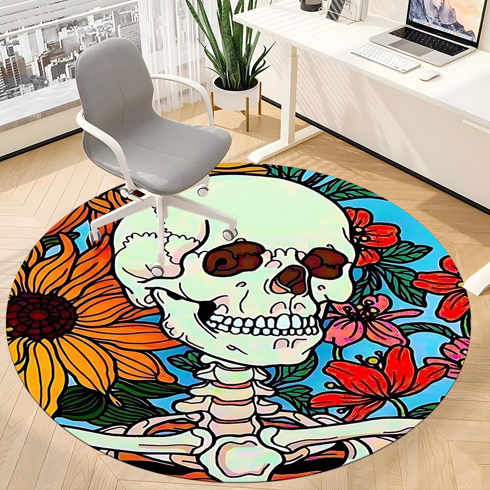 1pc Skull Flowers Office Round Area Rug, Under Office Chairs Bedroom Living Room Home Decor, Room Deco, Available in Various Sizes