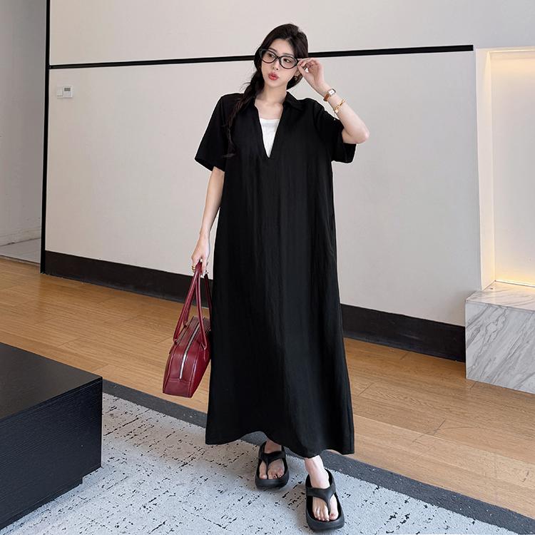 DIMANAF 2026 Plus Size New Black Dress Summer Women Shirt Dress Loose Beach Casual Long Dresses V-Neck Elegant