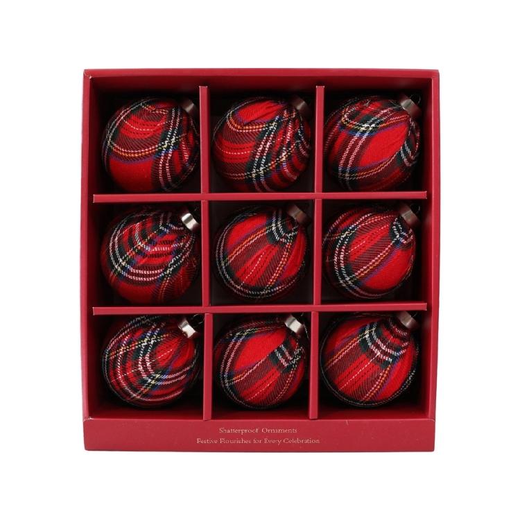 9 Pieces Christmas Ball Ornament, Checked Fabric Wrapped Baubles Holiday Tree Decoration Set for Wreath and Mantel Display