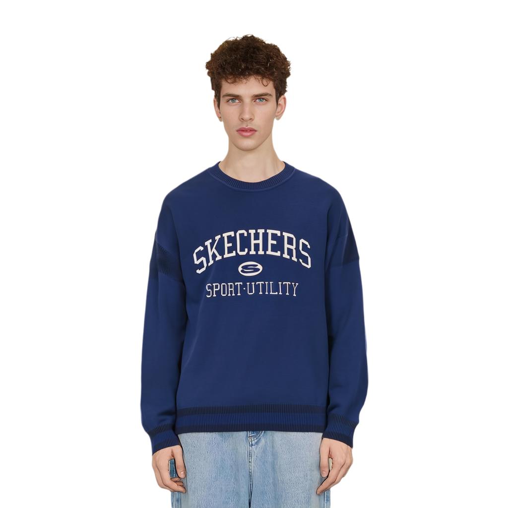Skechers Colorful Casual Series Big Letter College Style Round Neck Pullover Loose Sweatshirt Unisex Sweatshirt Navy-Blue L124U031-02V3