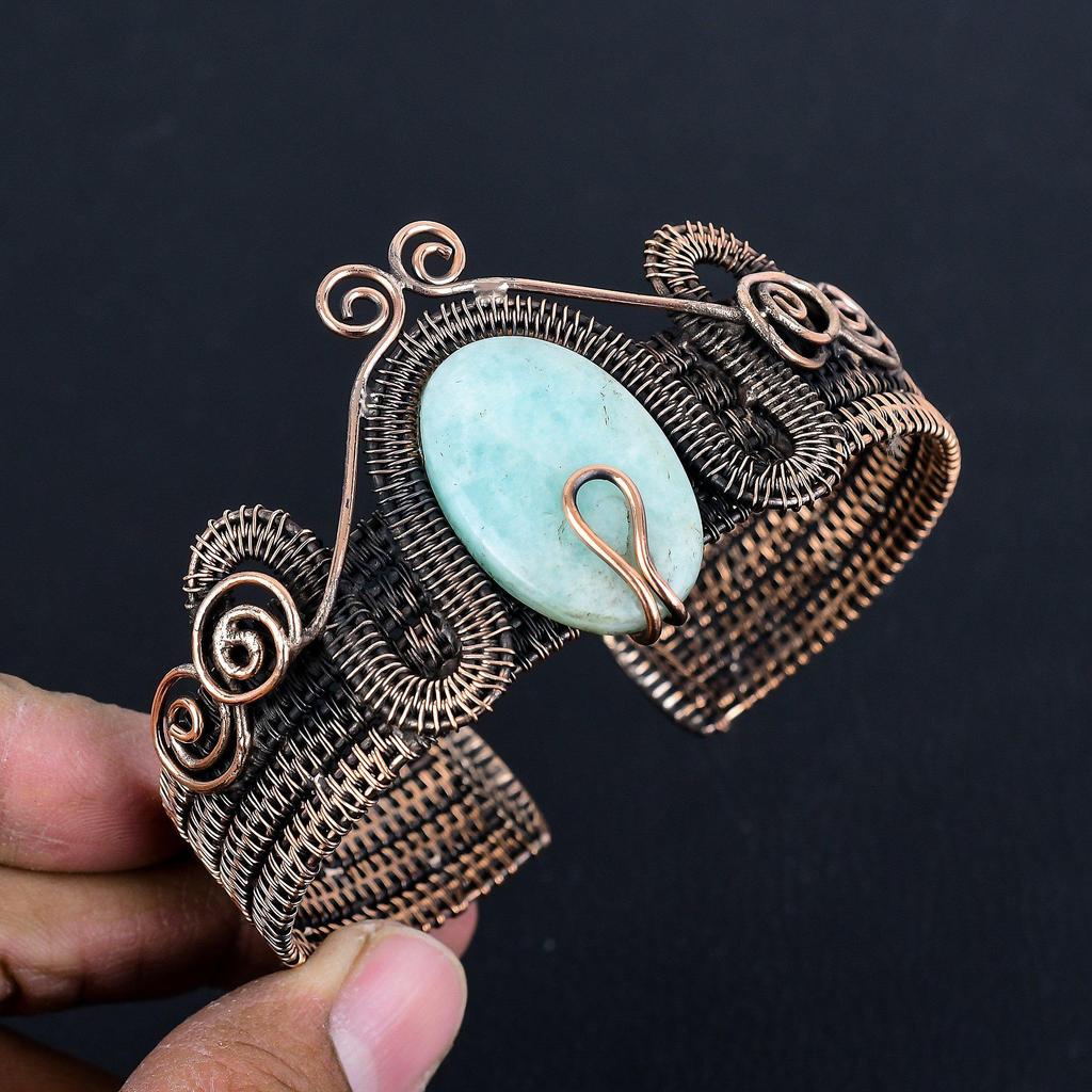 Amazonite Bangle 999 Copper Wire Wrapped Cuff Bracelet, Adjustable Bangle Gemstone Jewelry, Gift For Mom Handmade Brand, New Jewelry