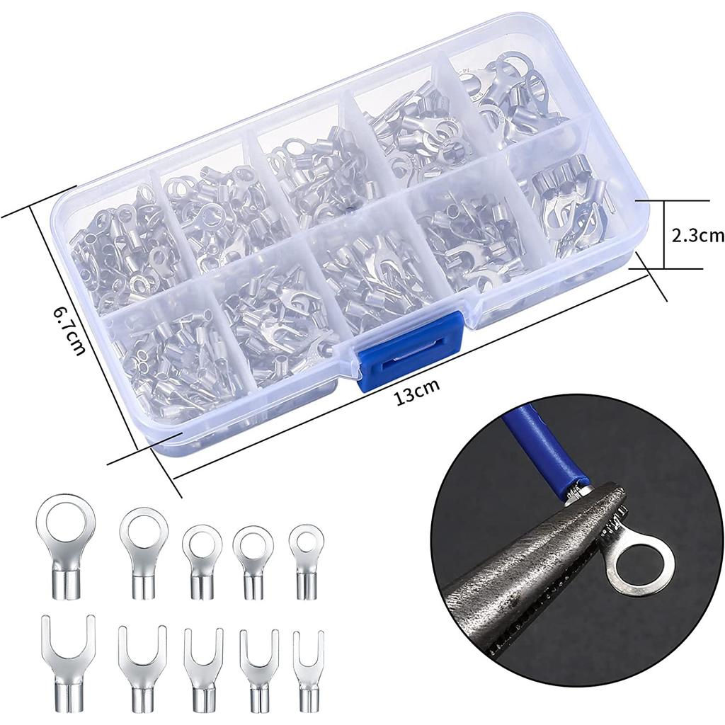 200/320Pcs 10 in 1 Terminals Non-Insulated Ring Fork U-Type Brass Terminals Assortment Kit Cable Wire Connector Crimp Spade