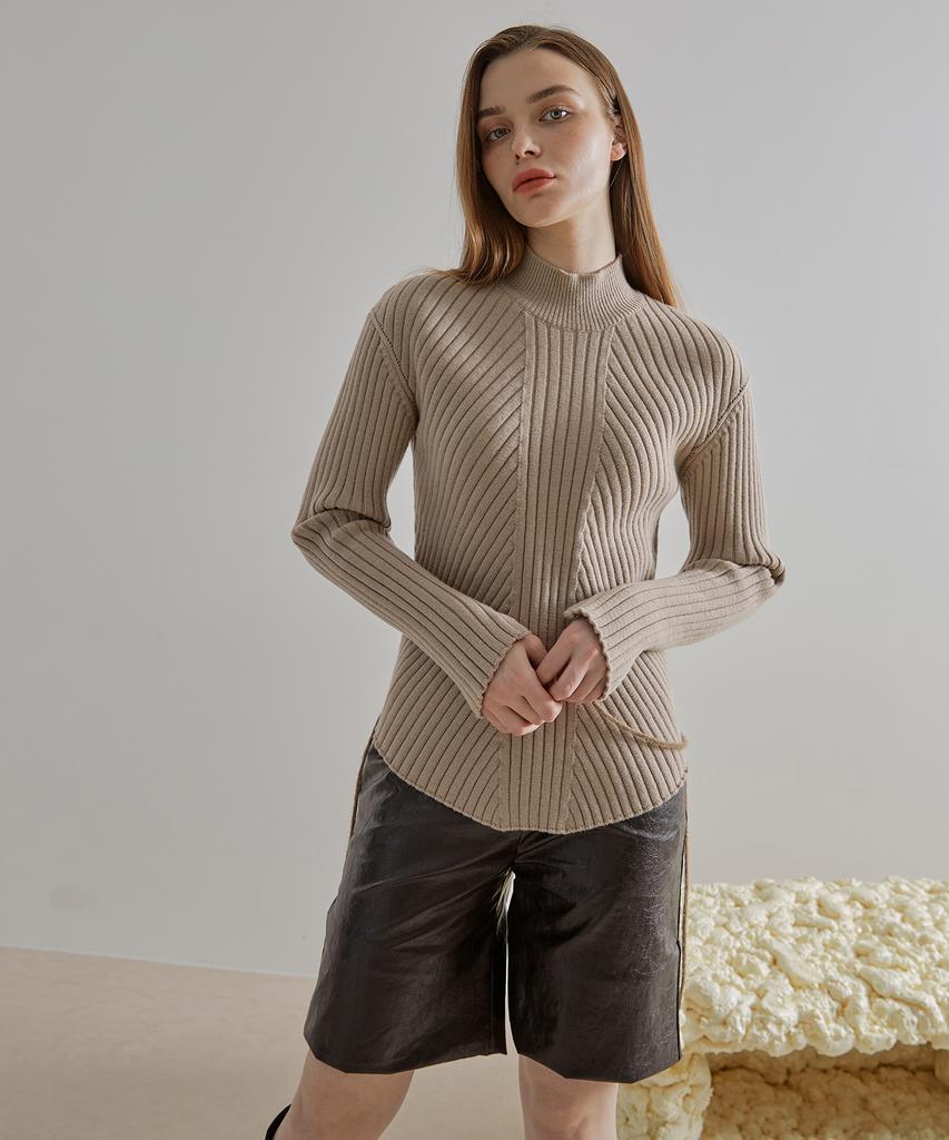 ETMON Slit Sleeve Side Strap Knit Top Beige