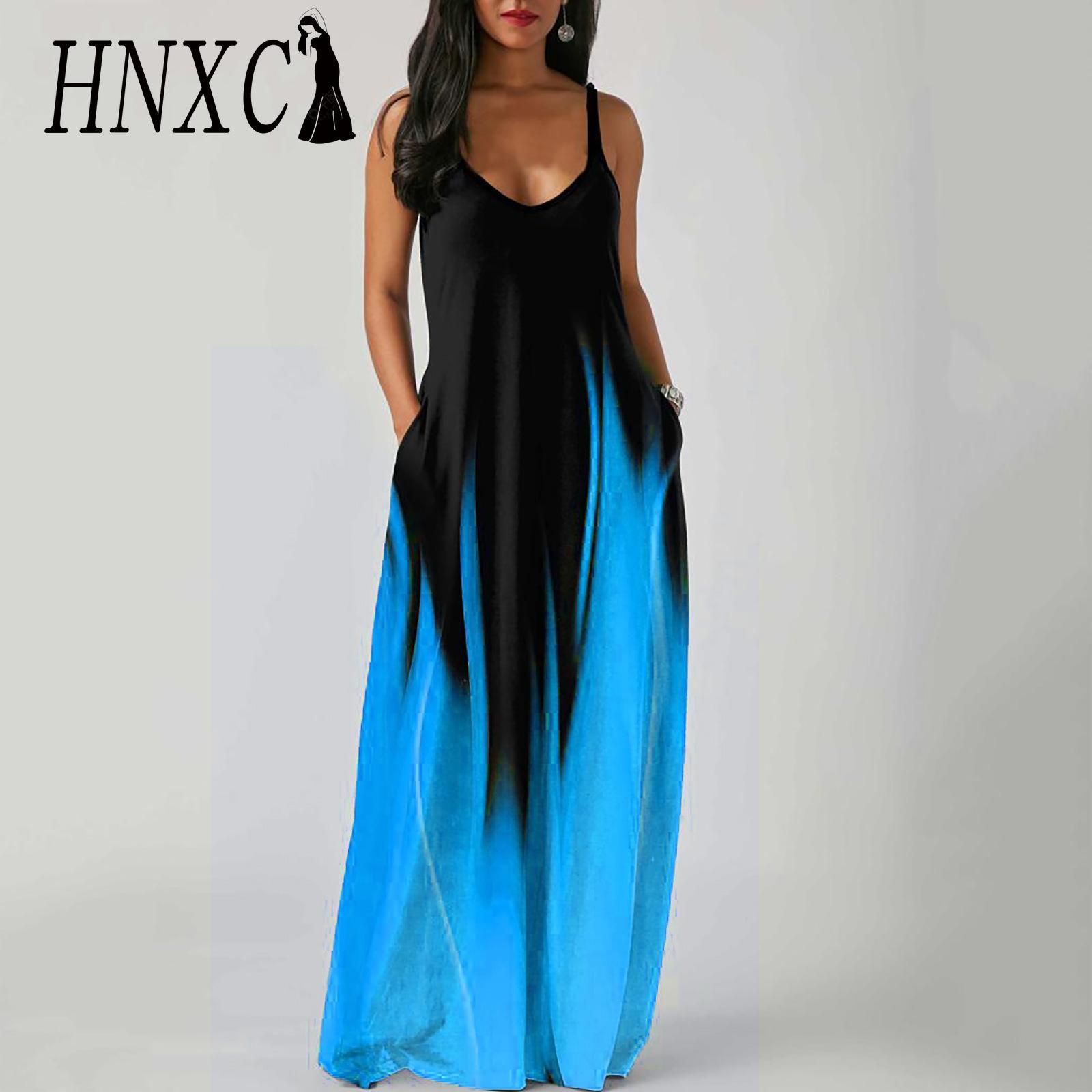 

HNXC Элегантное Модное Платье в Пол Без Рукавов с V-образным Вырезом Простое Женское Летнее Ретро с Принтом Свободное в Талии Прямого Покроя L синий