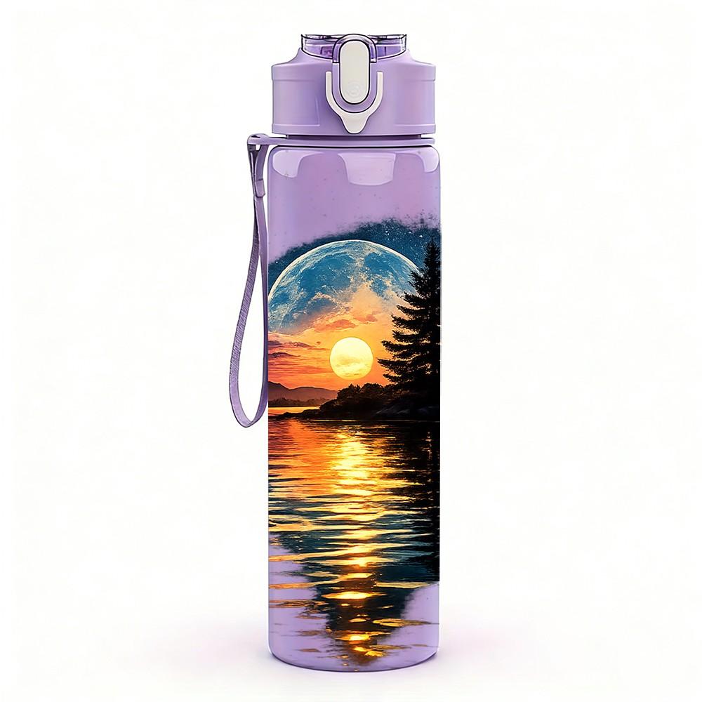 1PC Sunset Lake Mountain Reflection Print 750ml Color Plastic Sports Water Bottle Leakproof Flip Straw Lid Suitable for Sports Office Home Use