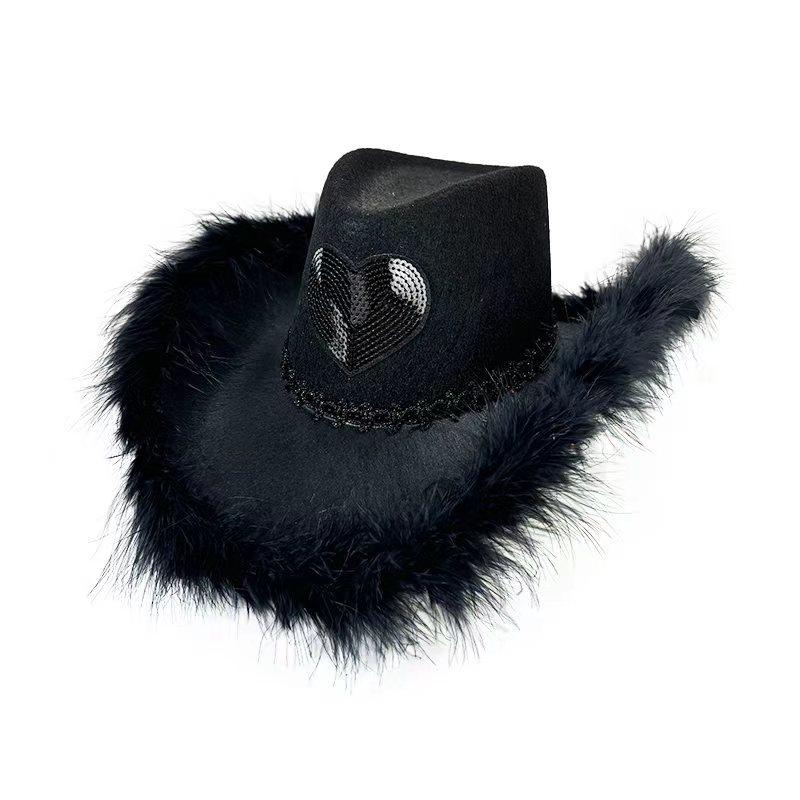 Rhinestone Love Heart Women Glitter Cowboy Hat Fur-edged Cowgirl Hats Women Funny Performance Costume Cosplay Hat for Wedding
