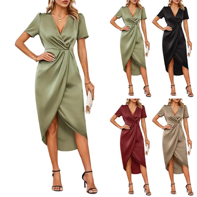 Women's Fashionable And Sexy Color V,neck Short Sleeved Slim Pleated Dress