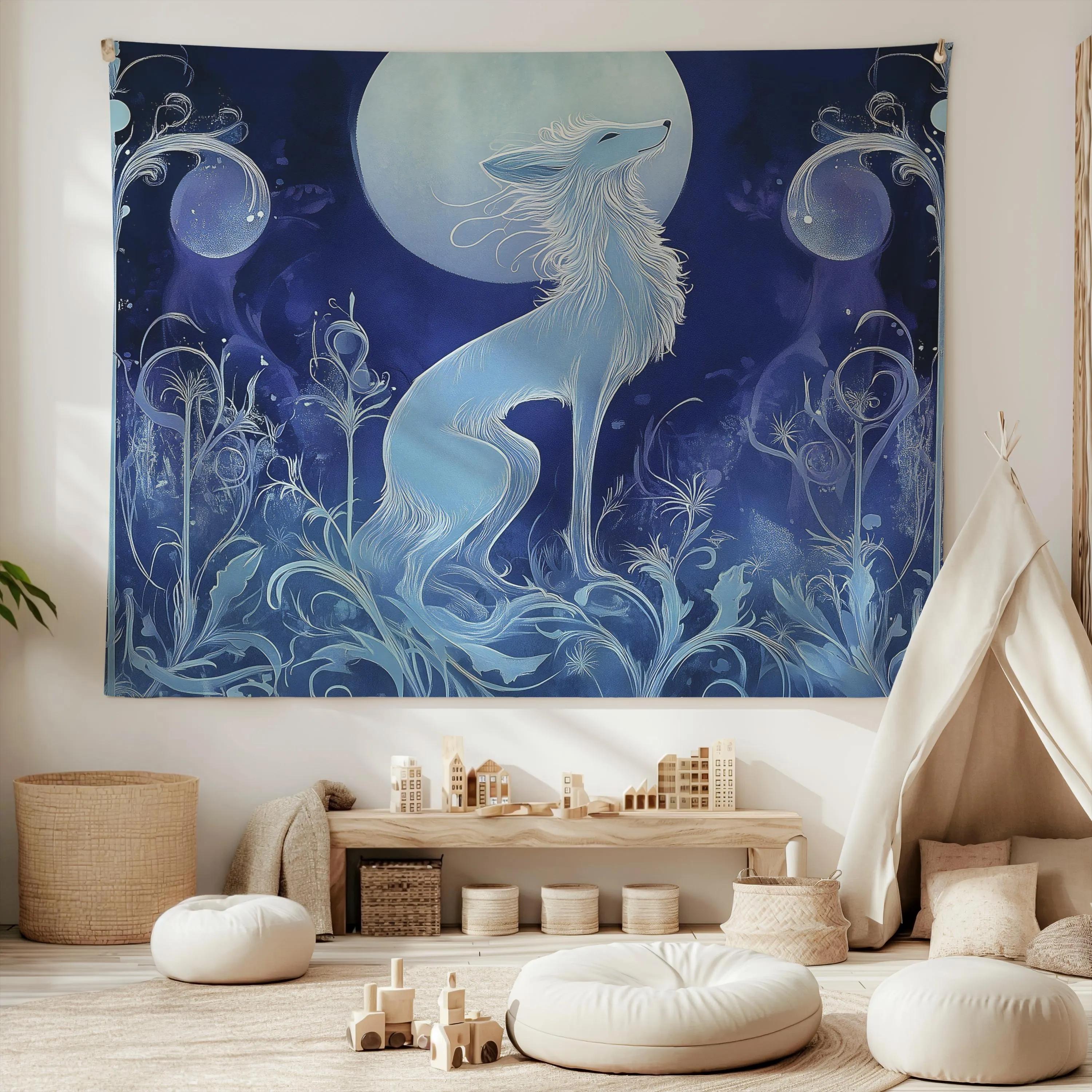 Mysterious Spirit Fox Moonlight Tapestry Bohemian Background Cloth Living Room Decoration Room Decoration 100X70CM