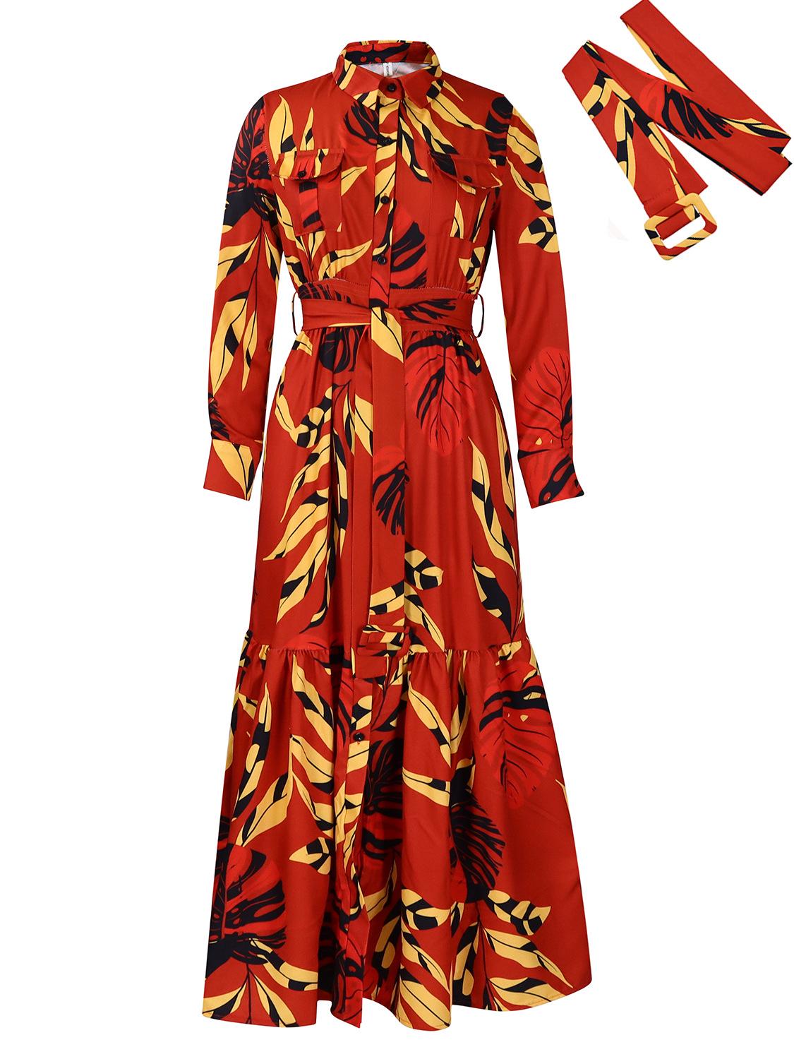 

Платье-рубашка с длинными рукавами и завязками на лацканах в европейском и американском стиле для осенних женщин XXL красный