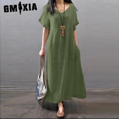 Women's Fashion Summer Spring Solid Color Print Short Sleeve V-Neck High Waist Casual Dresses
