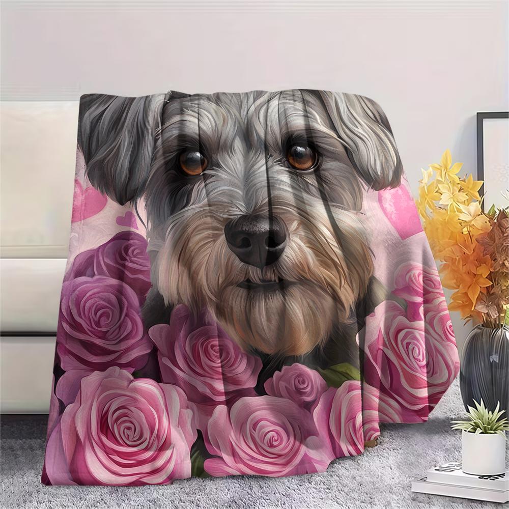 Schnauzer and Roses,pattern Flannel Blanket, High Quality Comfortable for All Seasons, Home Decor, Warmth and Comfort, Perfect for Gifts.