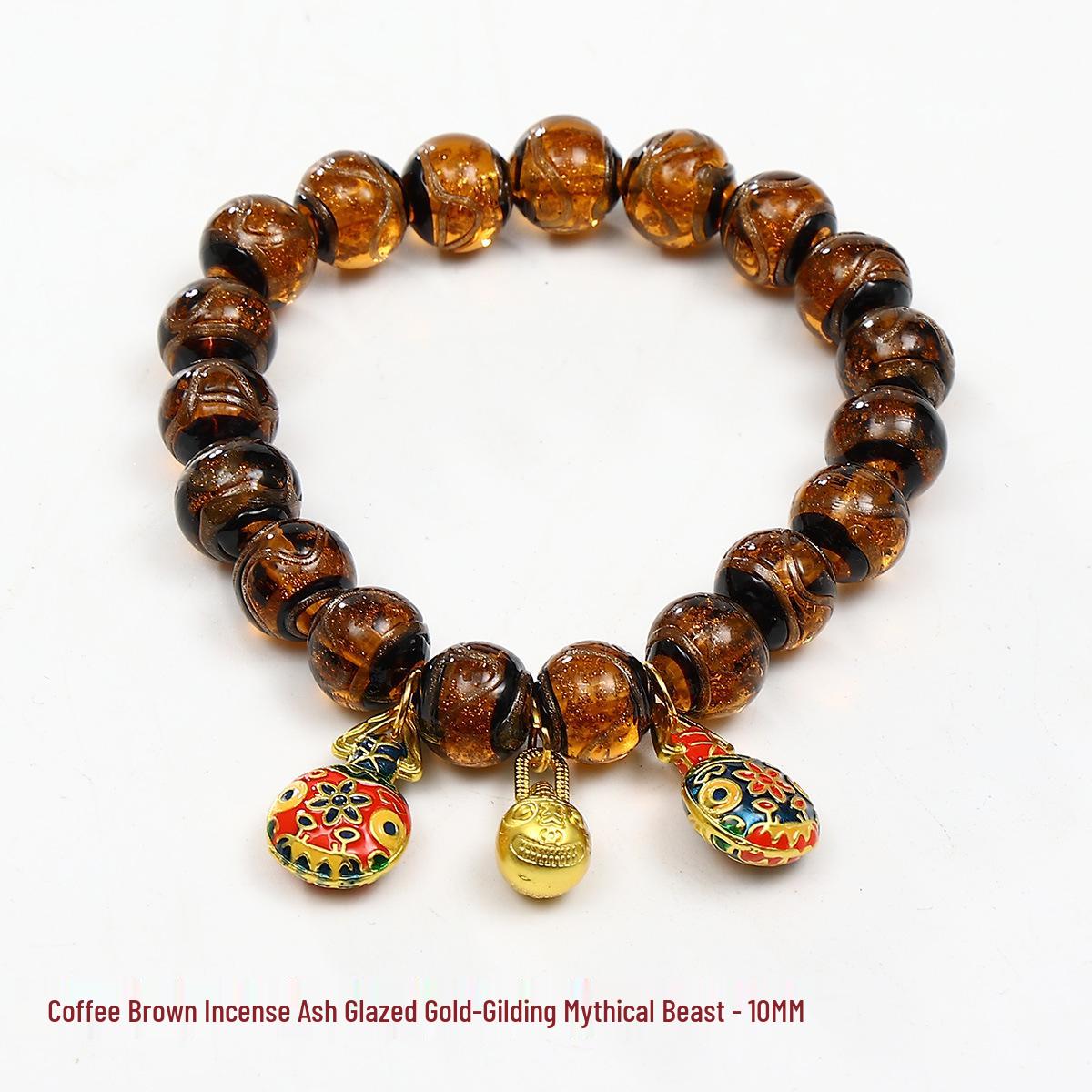 Браслет из пепельно-серого стекла с бусинами Пи Сю, золотой фольгой и разноцветными бусинами