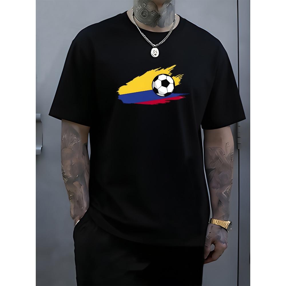 Men Football Colombia Printed Tshirt Casual Round Neck Short Sleeve Summer Knitted Geometric Pattern Men