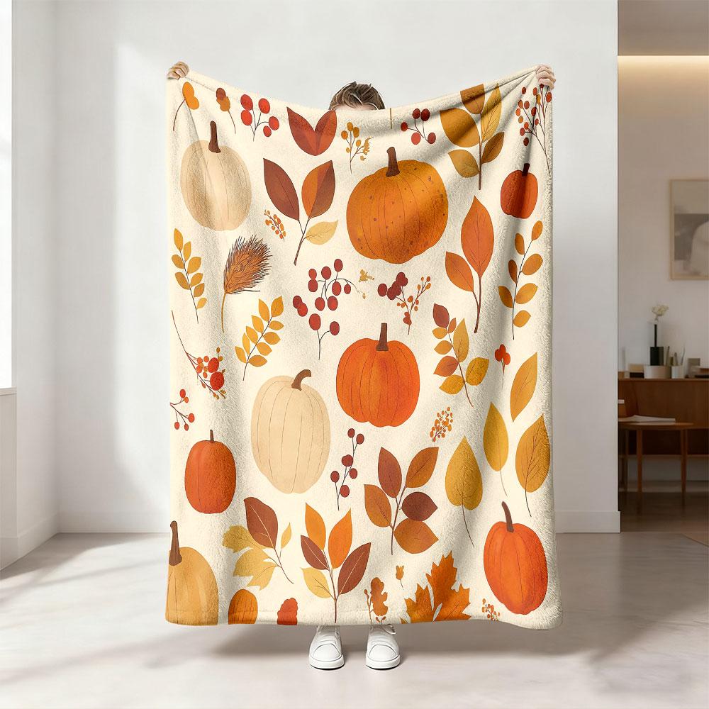 1 piece printed flannel blanket with autumn pumpkin and leaf patterns, suitable for all seasons and a perfect gift option.