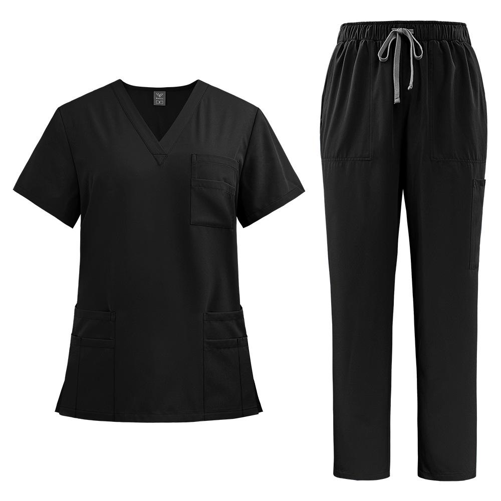 Unisex V-Neck Medical Work Scrub Suit with Pockets and Straight-Leg Pants