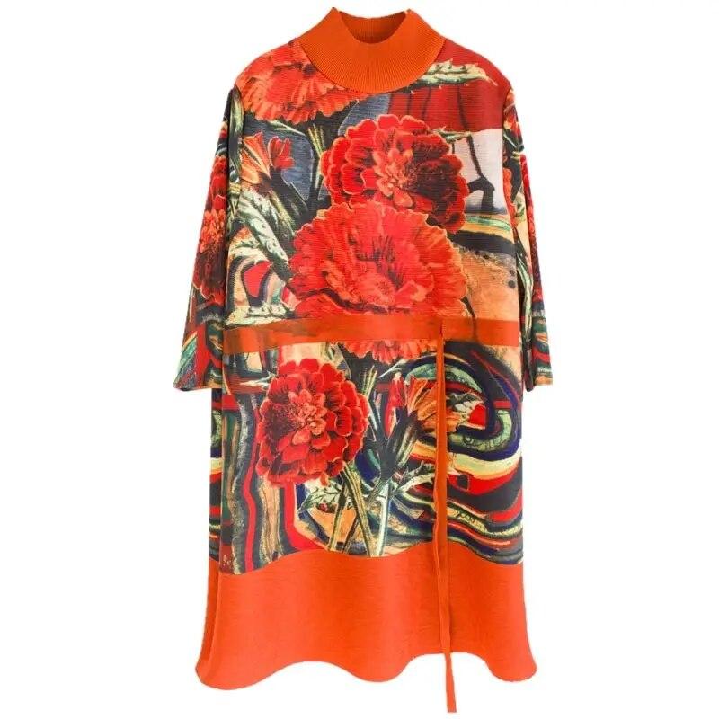 Jarní nové volné polodlouhé skládané šaty Dámské sukně v etnickém stylu s potiskem, šněrovací šaty