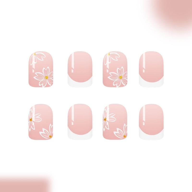 24pcs Press on Nail Flower False Nail With Short Shape And Glossy Finish Acrylic Nail Decoration for Wedding Parties