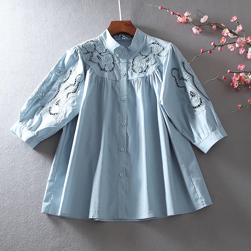 

Женская ретро хлопковая рубашка с вышивкой и воротником-стойкой M for 90-110 lbs синий