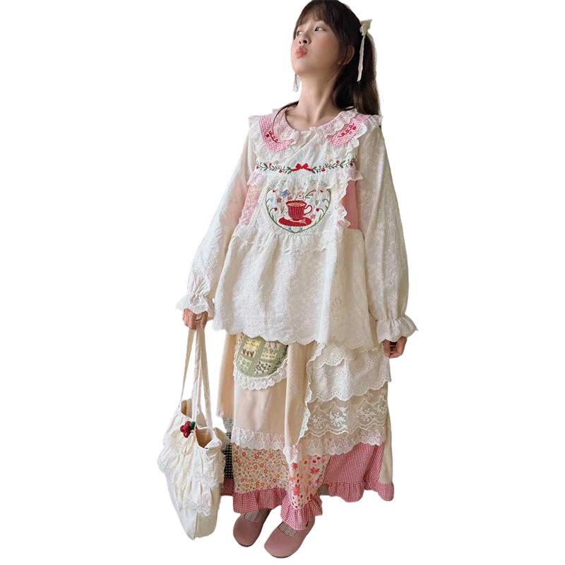 Retro Forest Corduroy Irregular Patchwork Embroidered Lace Midi Skirt - Fleece-Lined for Autumn & Winter