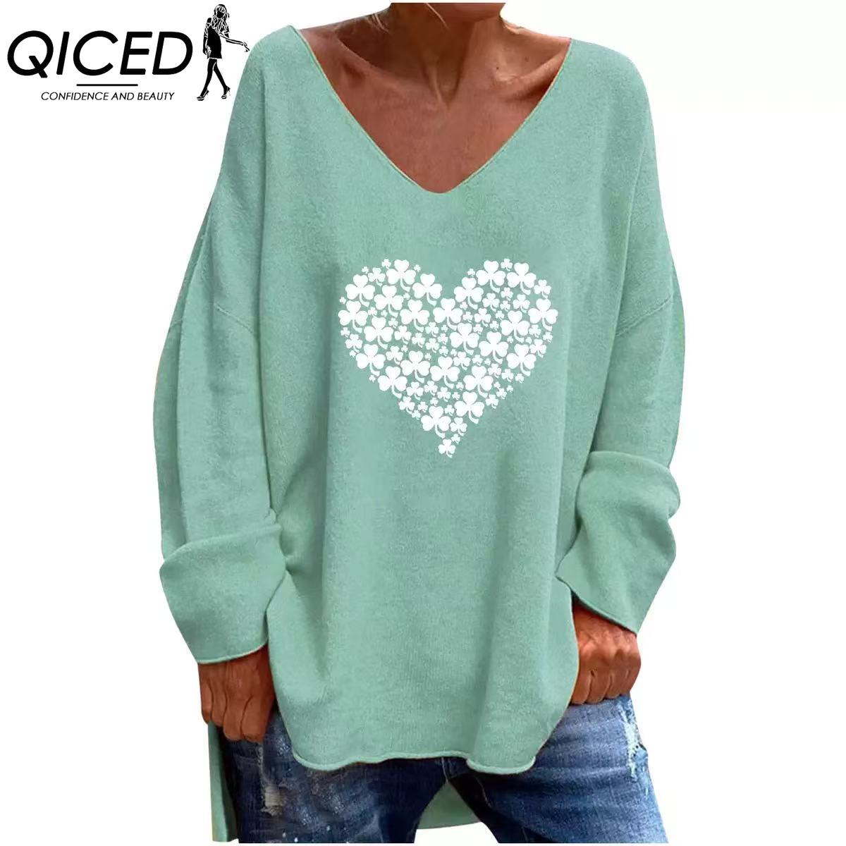 

QICED Жіноча однотонна однотонна футболка з V-подібним вирізом і довгими рукавами осінь-зима, вільна повсякденна зручна футболка XXL