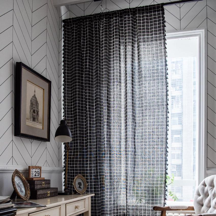 

Черная клетчатая затемняющая штора высокого качества, простая современная, для гостиной, хлопковая, льняная, для эркера, с крючками для кисточек 150x160cm&Grommets Top