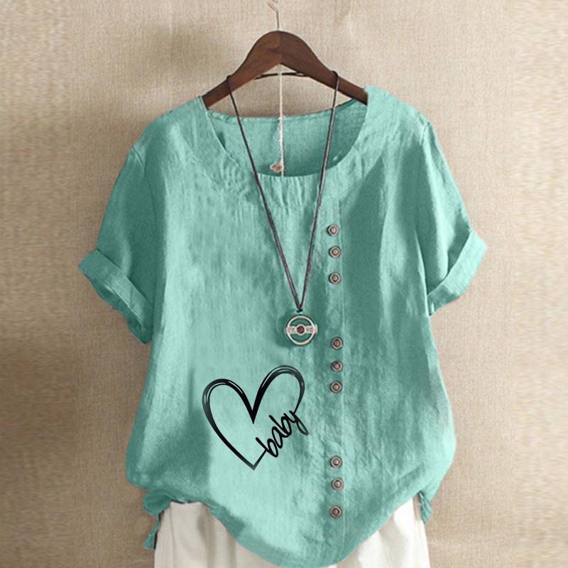 Women's Fashion Round Neck Short Sleeve T-shirt Casual Cotton Linen Graphic Shirt Leisure Loose Baby Heart Prined Summer Blouse Tops