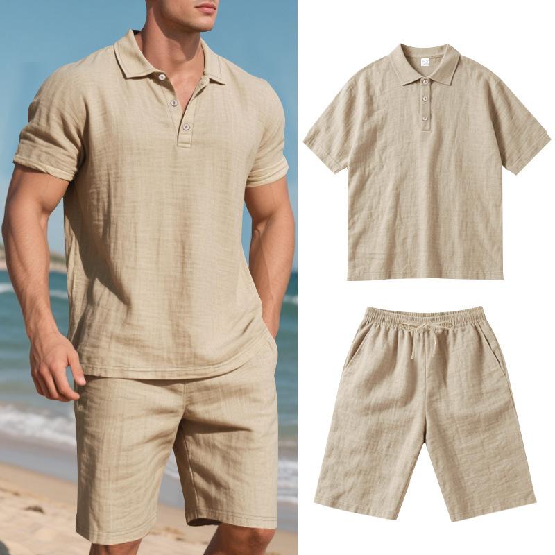 Mens Casual Solid Color Linen Short Sleeve Polo Shirt And Shorts Set
