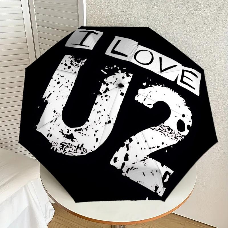 1pc I LOVE U2 [Automatic Folding Umbrella] Durable Iron Frame & Rod, Portable Folding, All Seasons, Home Travel Outdoor, Makes a Great Holiday Gift yy