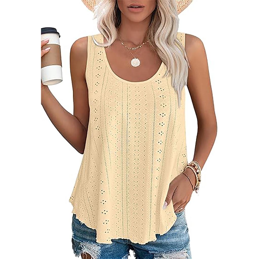 Women's Round Neck Sleeveless Tank Top Loose Fit Elegant Commuter Eyelet Hollow Out Vest Solid Color Casual Summer Blouse For Daily Wear