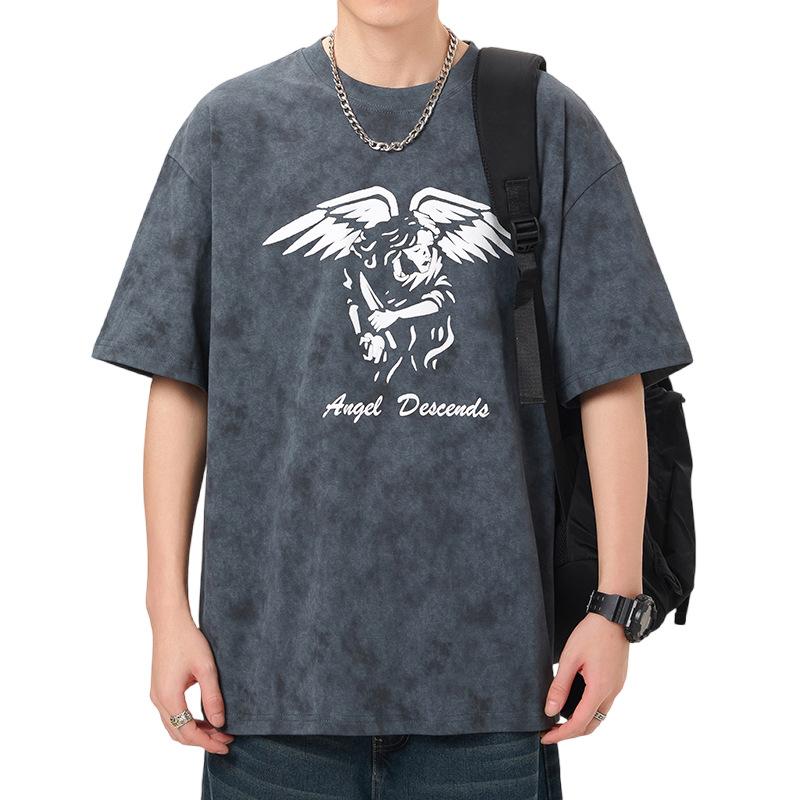 

Summer American 230g High-density Knitted Loose Printed Men s T-shirt Short-sleeved 4XL серый