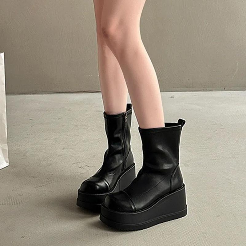 British Style Thick Bottom Round Head Ankle Boots for Women Female Autumn Thick Bottom Gothic High Heels Women's Short Boots