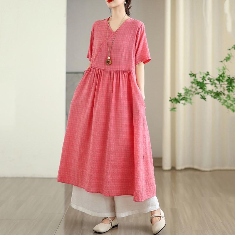Short sleeve Plus size Cotton linen vintage plaid new in dresses for women casual loose long summer dress