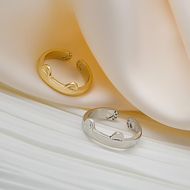 Cute Playful Cat Ear Ring, Student Simple Copper Animal Cat Claw Ring Opening Adjustable