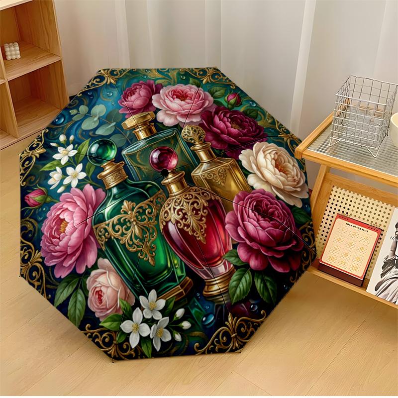 

Elegant Peony Circle Art Theme Automatic Umbrella Compact 8-Rib Design Sturdy Construction Durable Umbrella Stylish Accessory