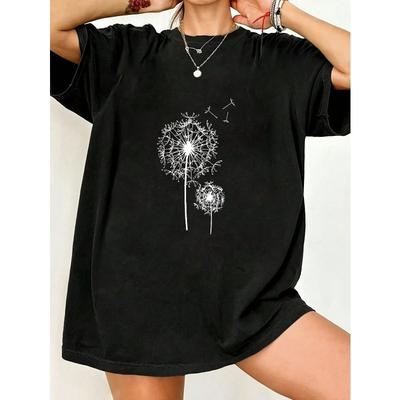 Black Oversized T-Shirt With Dandelion Print And Minimalist Text For Casual Wear
