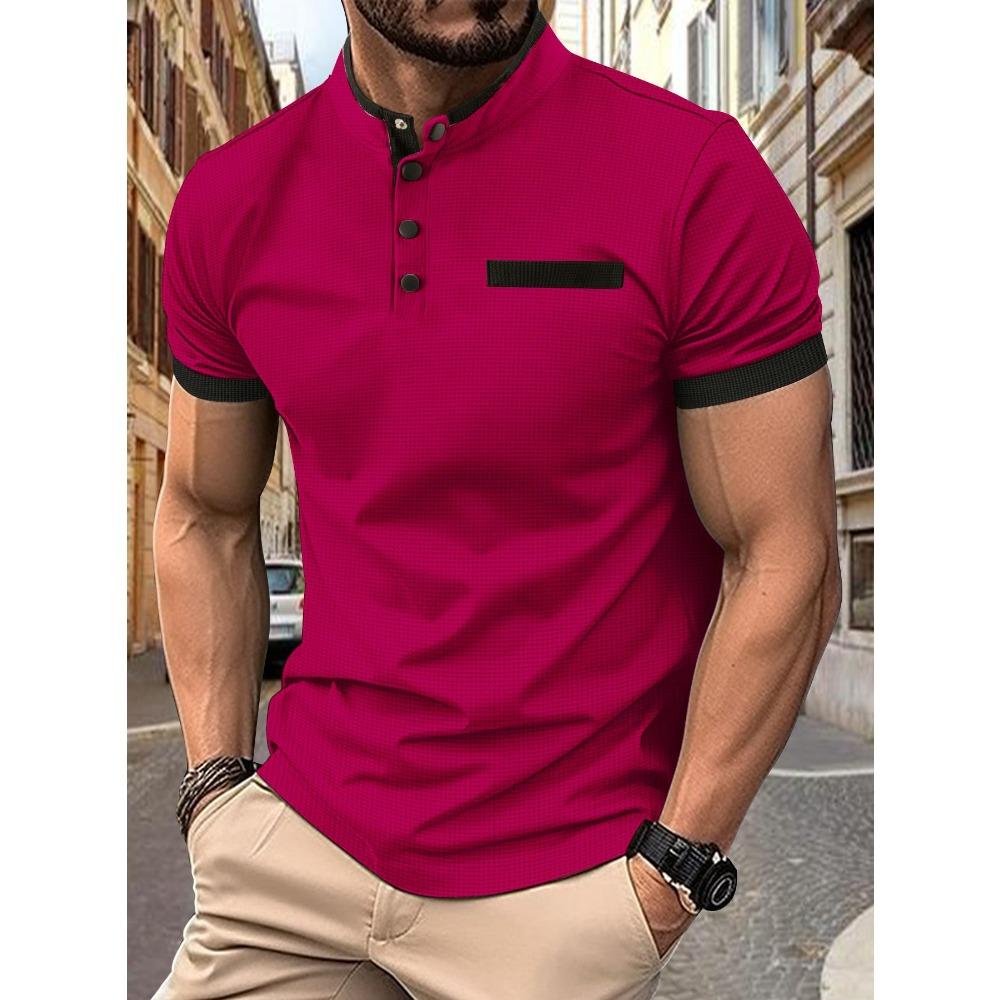 Men's Summer Casual Polo Shirt: Checked, Stand-up Collar, Short-sleeved Sports Shirt