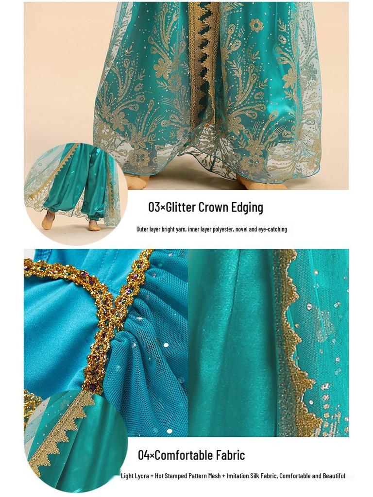 Halloween Jasmine Princess Gown & Aladdin's Magic Lamp Costume Set for Girls