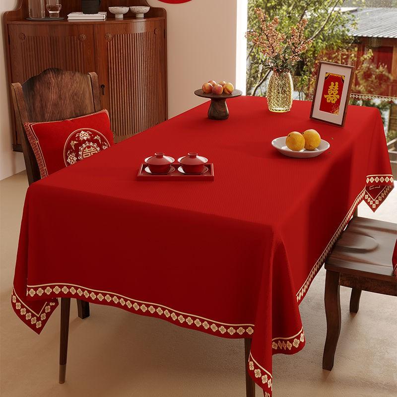 Elegant Red Wedding Tablecloth Rectangular Velvet Waterproof Decorative Dining Table Cover Banquet Celebration