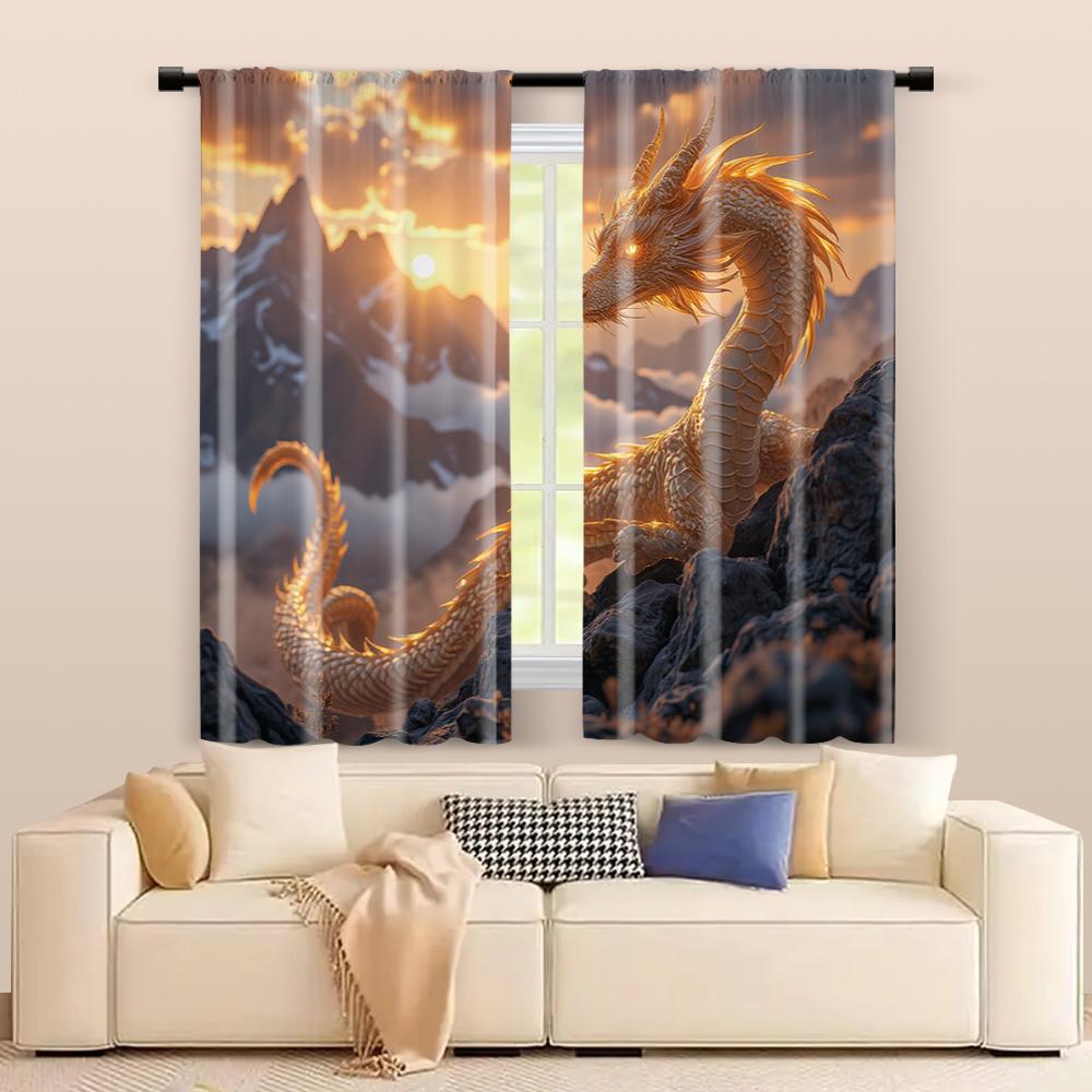 2 pcs   filtering curtains (excluding rods   non-movable   without batteries) Golden Chinese Dragon for use in bedrooms and living