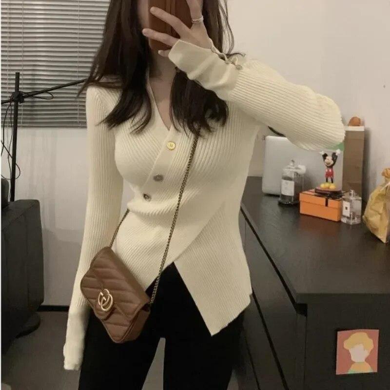 French Style Slim Fit Pullovers Knit Tops Solid Color V-neck Sweaters Autumn And Winter  Long Sleeve Women Clothes 29763