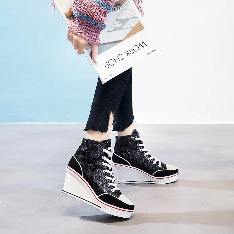 

Мода 8 см осень Женская обувь Розовый Черный Серебристый Глиттер Вулканизированная Женская Платформа Клин Кроссовки Повседневные Zapatos De Mujer 35 чёрный