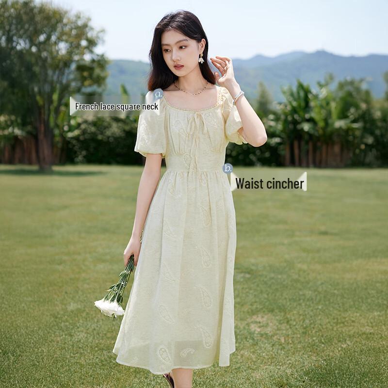 Xiangying Women's Puff Sleeve Square Neck Linen Blend Dress