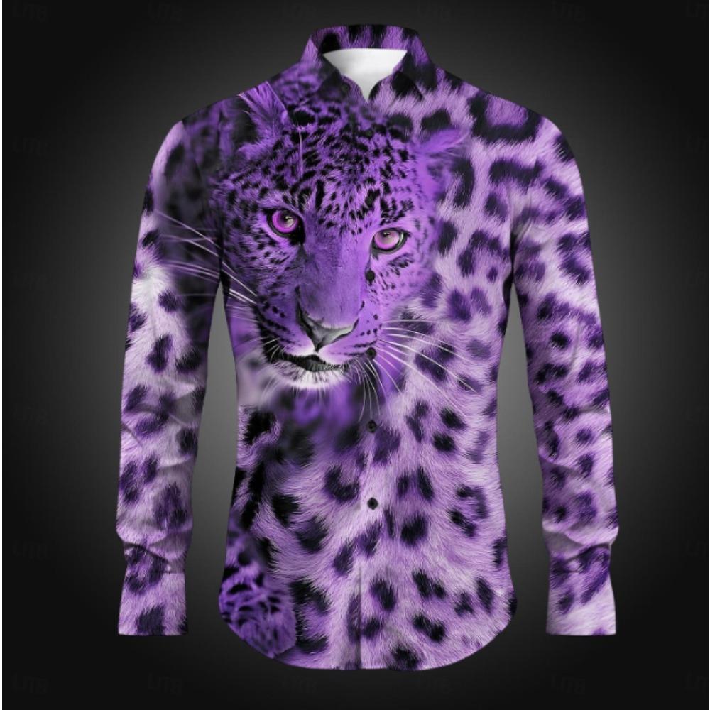 Erkek Leopar Desenli Uzun Kollu Gömlekler Günlük Hırka Yeni Düğmeli Tatil Moda Gömlekler