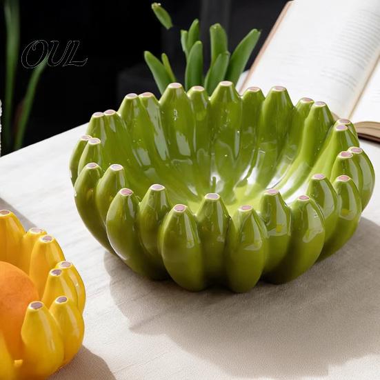 Centro de Mesa Decorativo Plátano Cerámico Frutero, Bandeja Amarilla Creativa, Bandeja Pintada a Mano Ensaladera para Organizador de Encimera de Cocina Comedor
