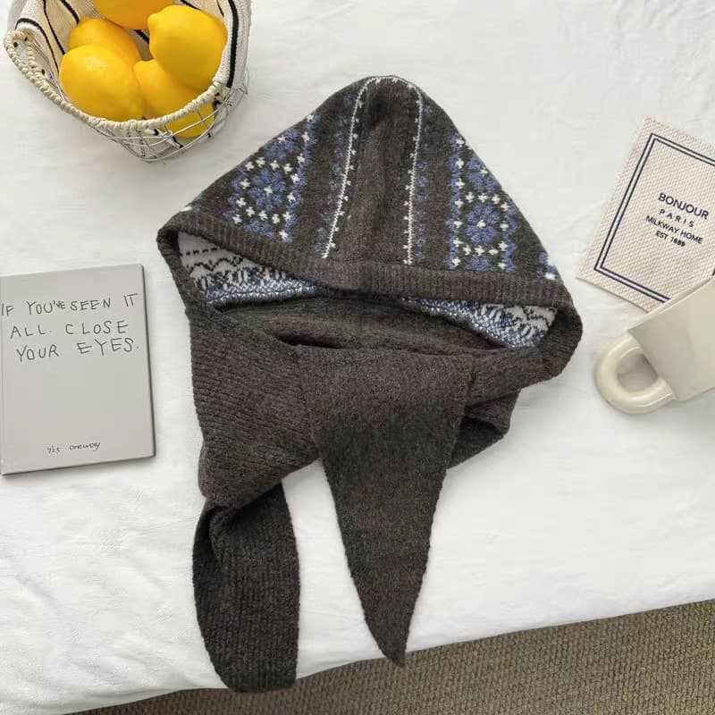 Vintage Fair Island Jacquard Knitted Hooded Scarf Women's Autumn and Winter Ribbon Baotou Ear Cap Integrated Thermal Cap