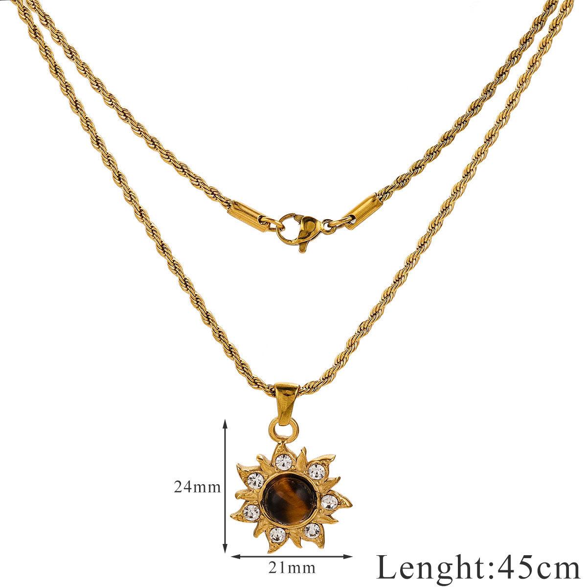 

1pc Vintage Brown Natural Stone Titanium Steel Pendant Necklace Rhinestone Sun Oval Geometric Gold Plated Clavicular Chain Jewelry Gift For Women