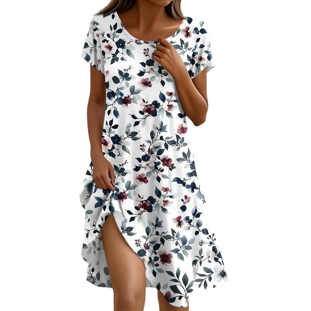 Short Sleeve Boho Dress For Women Casual Loose Fit Sundress Print Round Neck Dress With Pockets