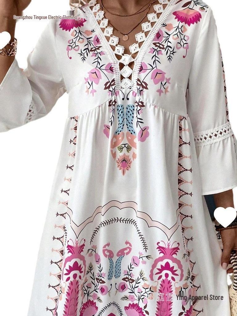 Women's Summer V-Neck Lace Patchwork Casual Printed Dress