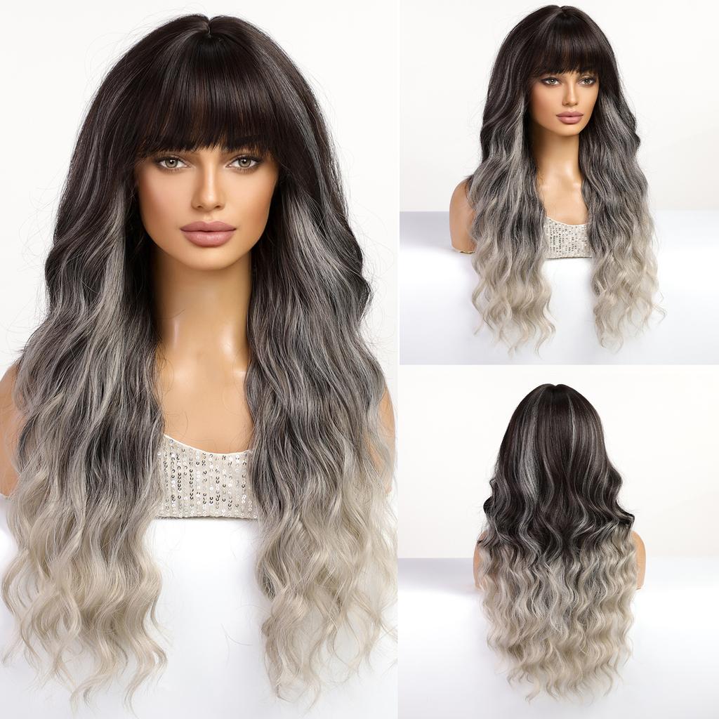 Qi Bangs Platinum Barbie Wind Big Wave Long Curly Hair Fluffy Facial Wig Full Headgear Wig