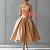 Rochie Midi de Damă cu Gât Rotund și Mânecă 3/4, Croială Slim Fit, Talie Medie, Plisată, Linie A, Evazată, Uni, Amestec de Bumbac, Elegantă, Rochie pentru Navetă, Ținută de Birou Toamnă 2025